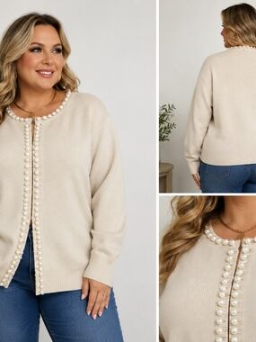 Pearl-Trim Crewneck Cardigan Sweater - Cream